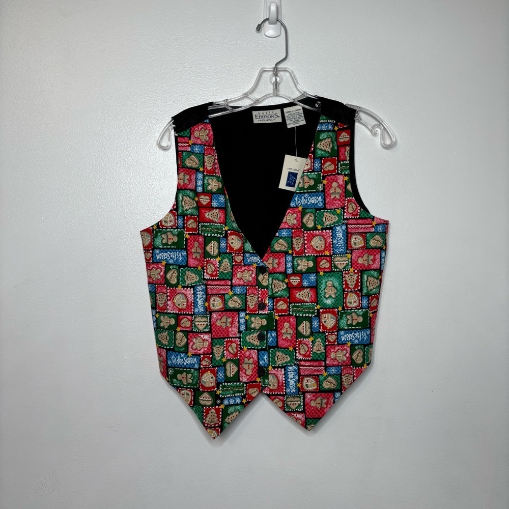Basic Editions Holiday Vest Women’s Small Christmas Gingerbread Cookie Patchwork - Picture 6 of 9